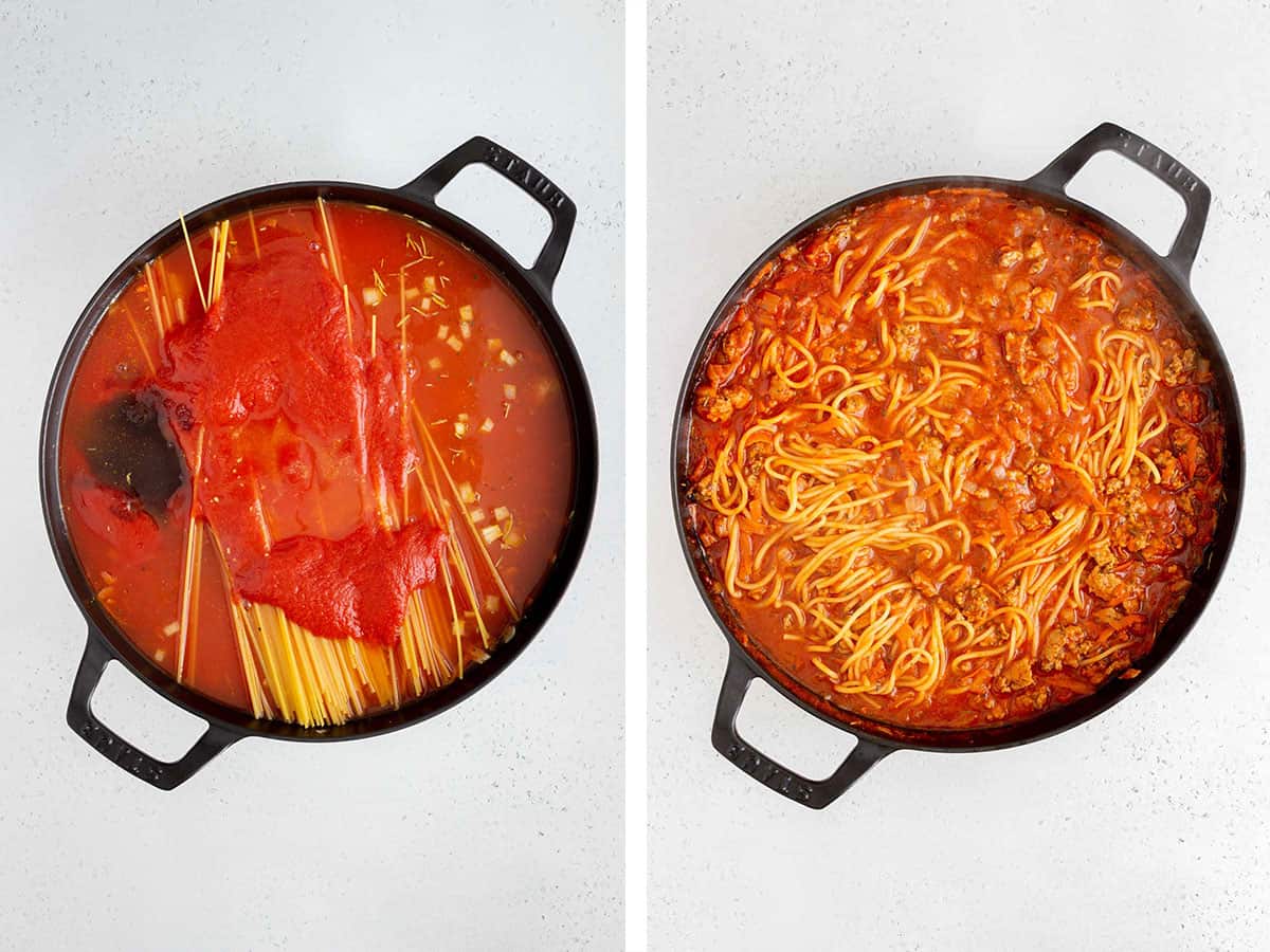 Set of two photos showing all the liquid ingredients added to the skillet then cooked.