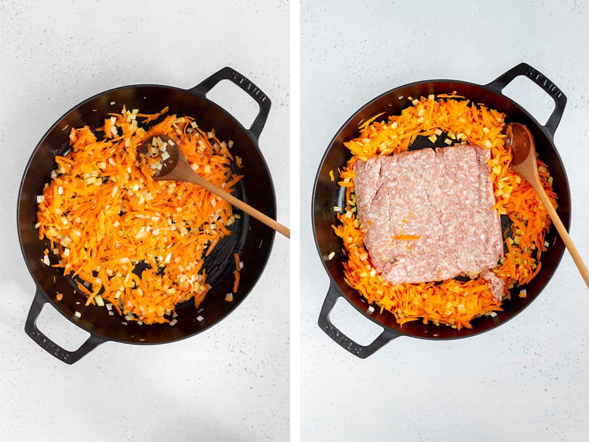 Set of two photos showing carrots, onions, and pork added to a skillet.
