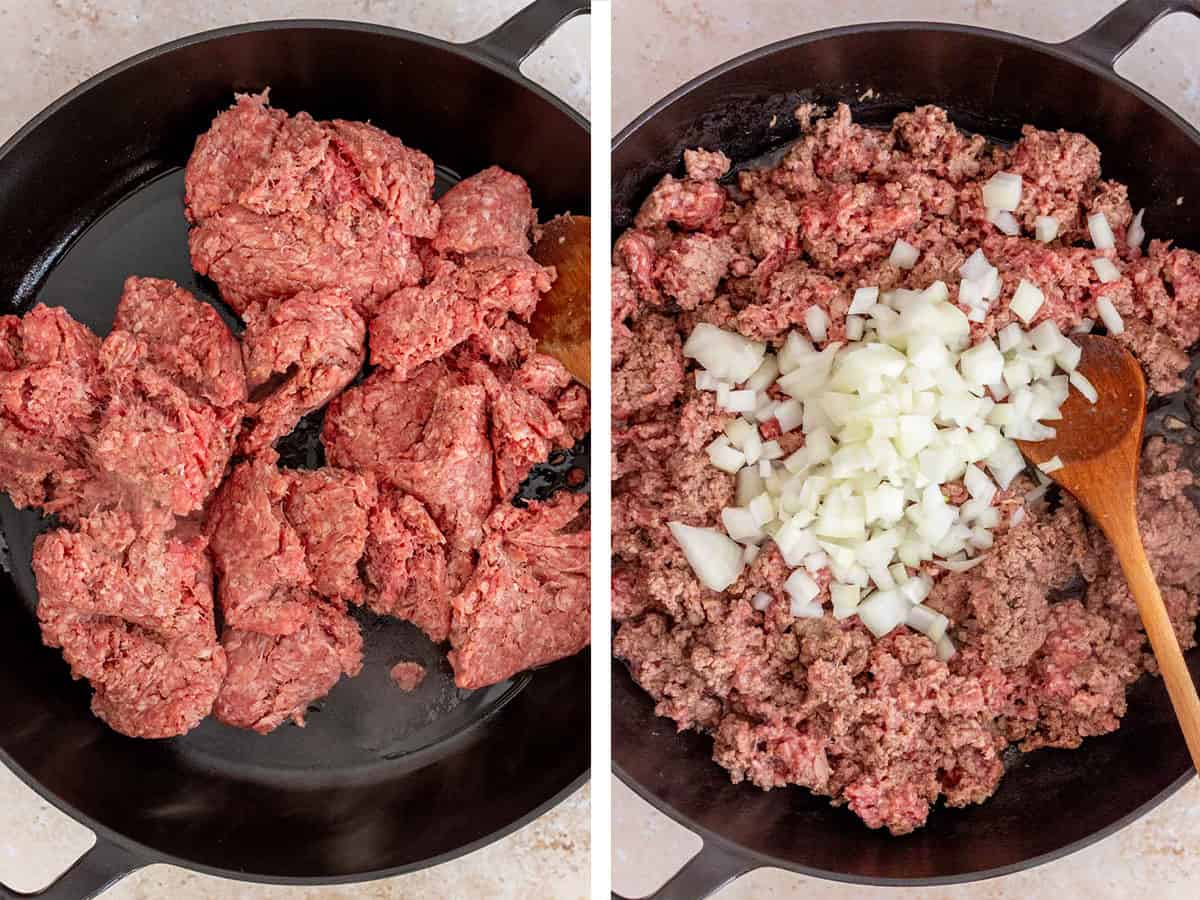 Set of two photos showing ground beef and onions added to a cast iron skillet.