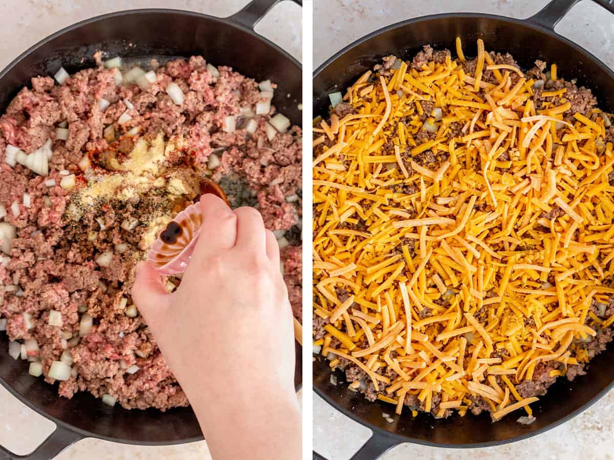 Set of two photos showing seasonings and cheese added to the cast iron.