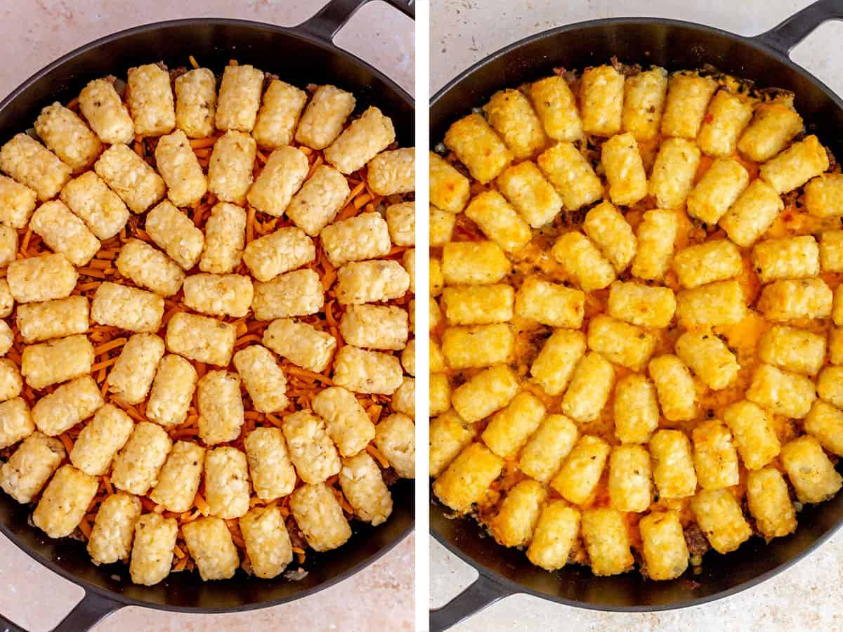 Set of two photos showing before and after baking the big mac casserole with tater tots on top.