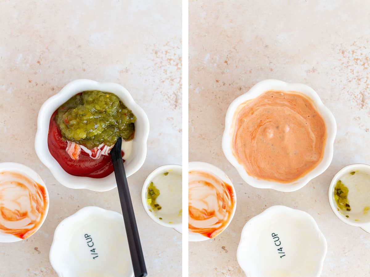 Set of two photos showing ketchup, mayonnaise, and relish added to a bowl and mixed.