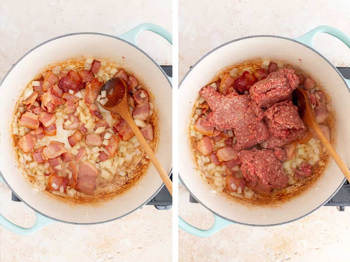Set of two photos showing bacon and onions cooked and ground beef added to the pot.