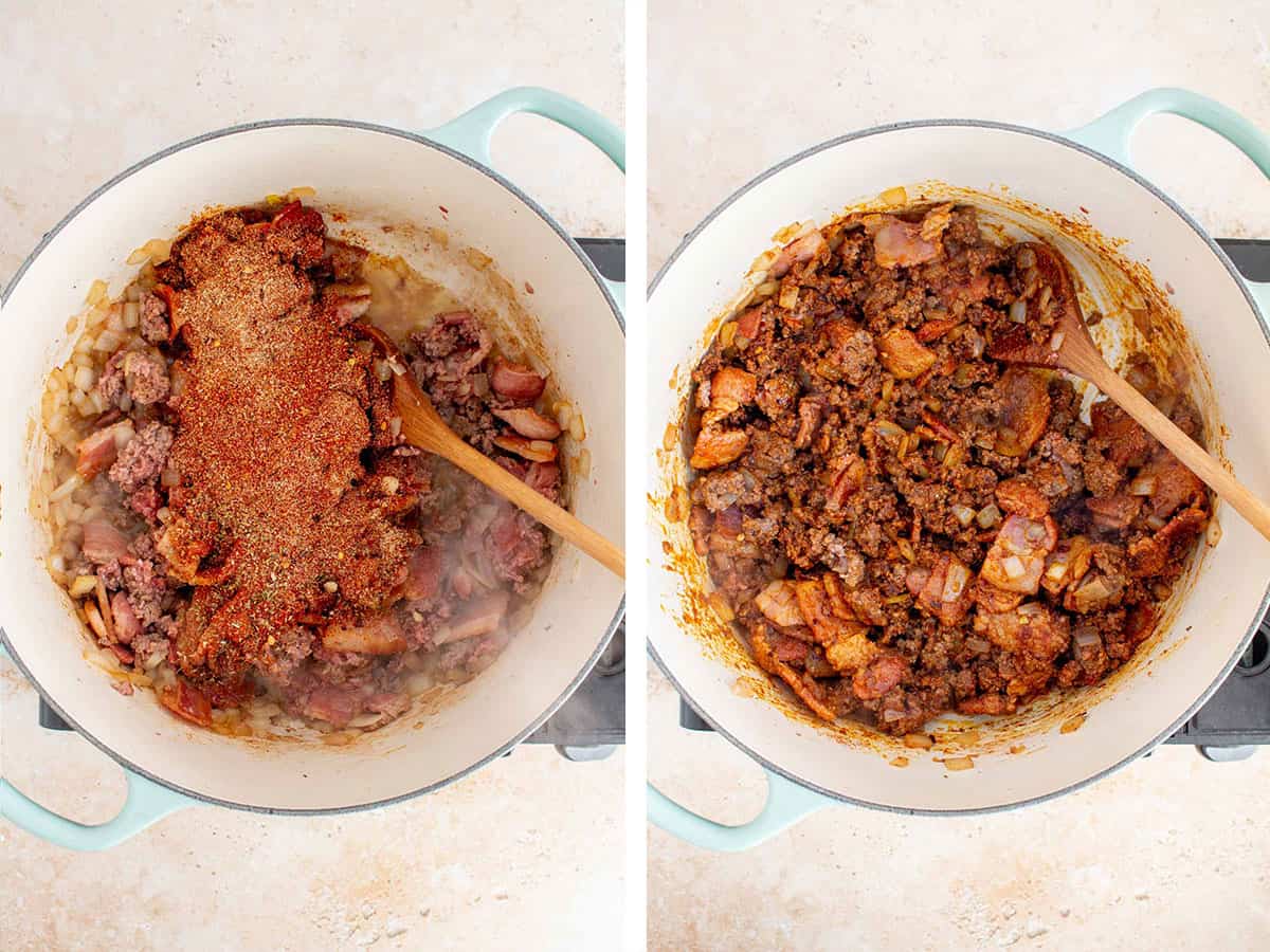 Set of two photos showing seasoning added to the pot and mixed well.
