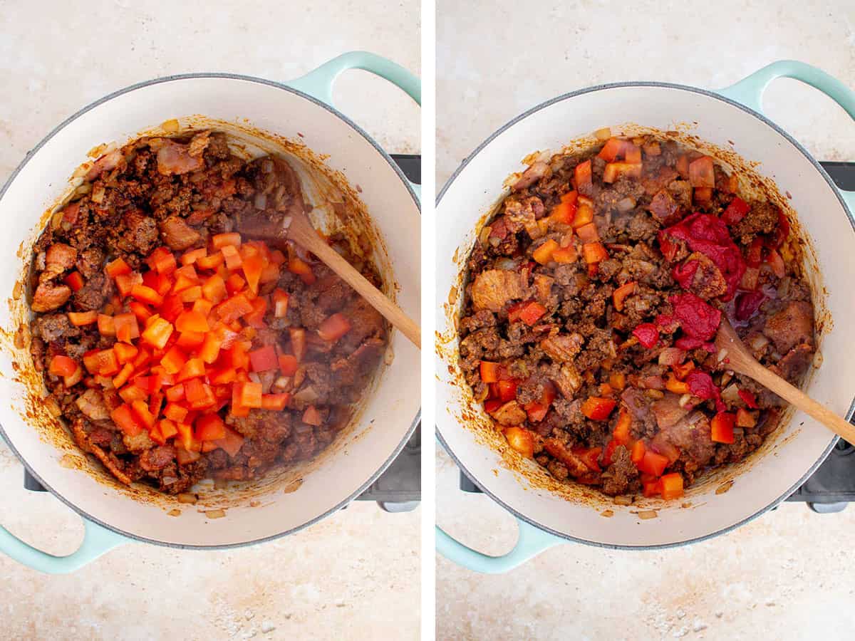 Set of two photos showing bell peppers and tomato paste added to the pot.