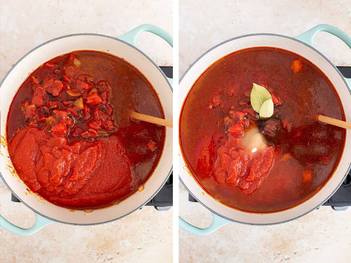 Set of two photos showing canned crushed tomatoes, fire roasted tomatoes, sugar, Worcestershire sauce, tomato paste, and beef broth added to the pot.
