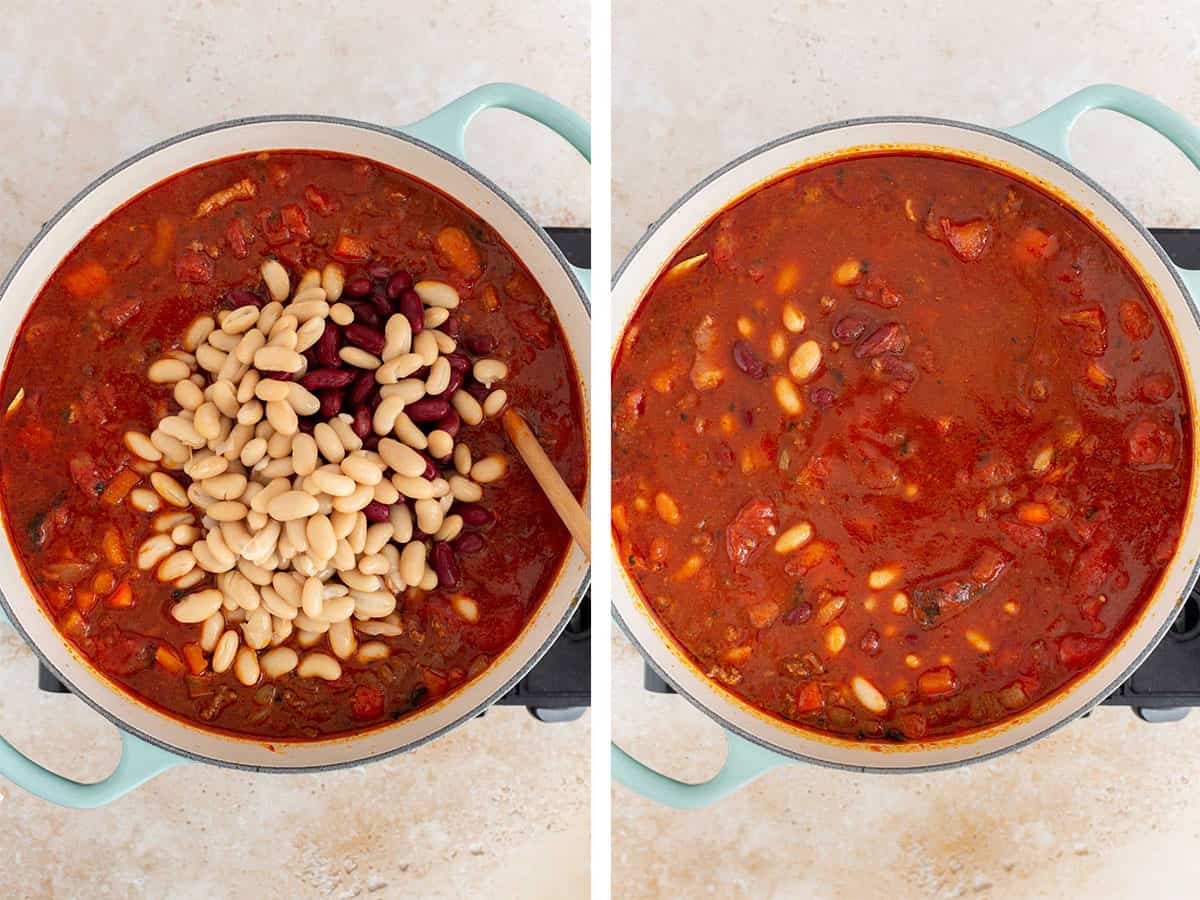 Set of two photos showing kidney beans and navy beans added to the pot and stirred in.
