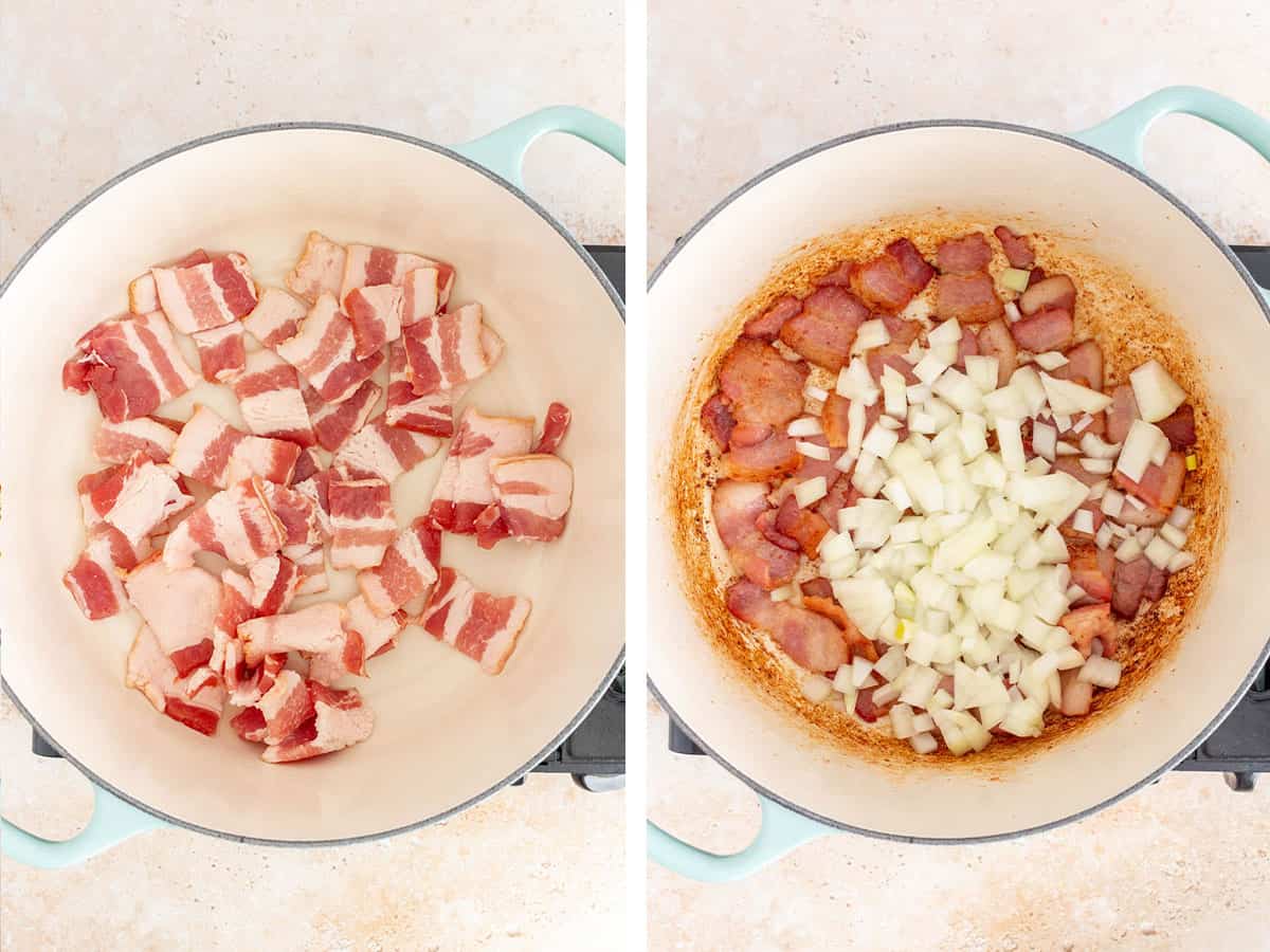 Set of two photos showing bacon added to a pot then cooked and diced onions added.