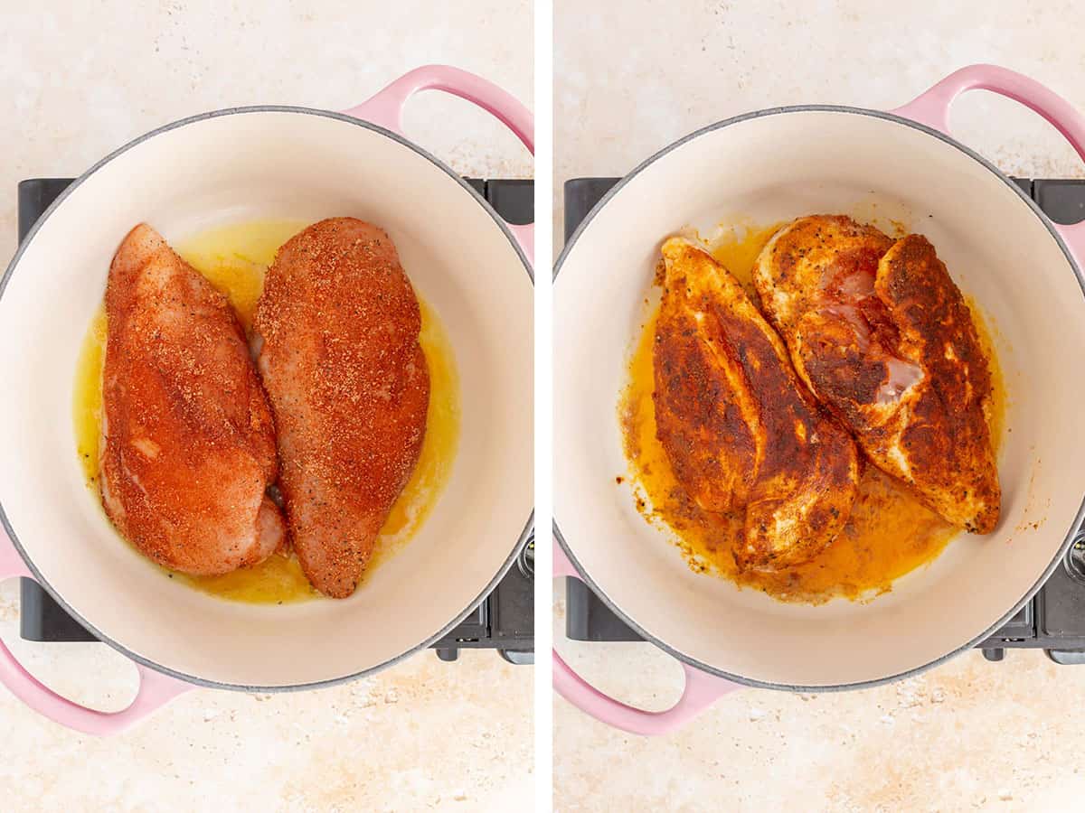 Set of two photos showing seasoned chicken breasts seared in a pot.