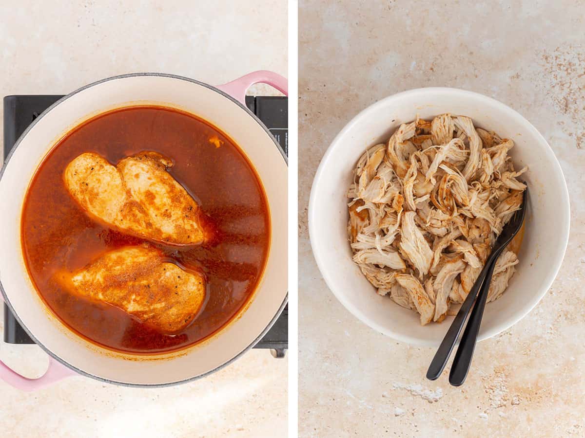 Set of two photos showing broth added to a pot of seared chicken and then chicken shredded in a bowl.