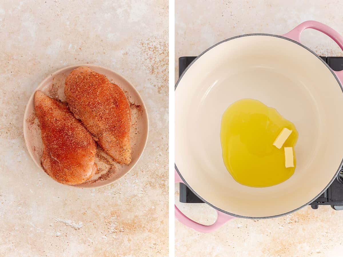 Set of two photos showing chicken breasts seasoned on a plate and butter melted in a pot with olive oil.