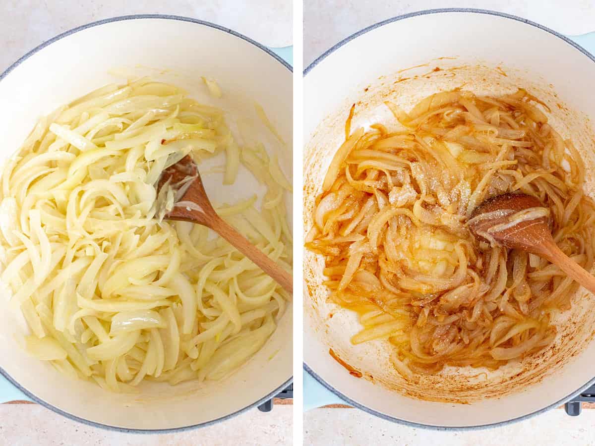 Set of two photos showing sliced onions cooked in a pot.