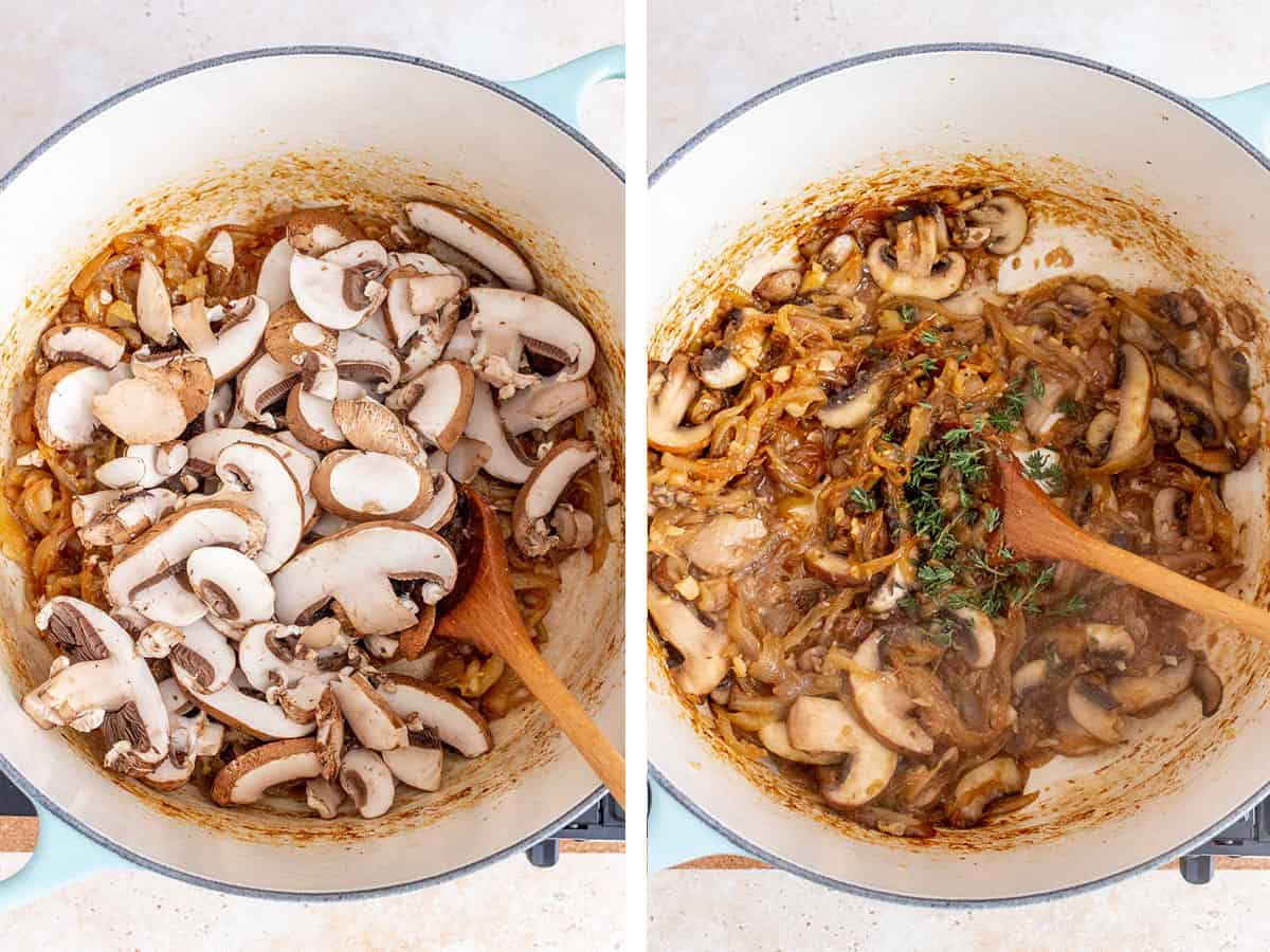 Set of two photos showing sliced mushrooms added to a pot then cooked down and thyme added.