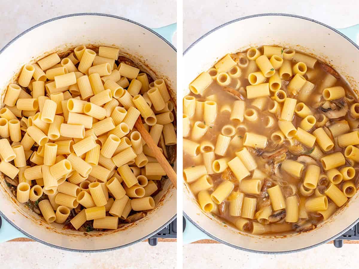Set of two photos showing pasta and broth added to the pot.