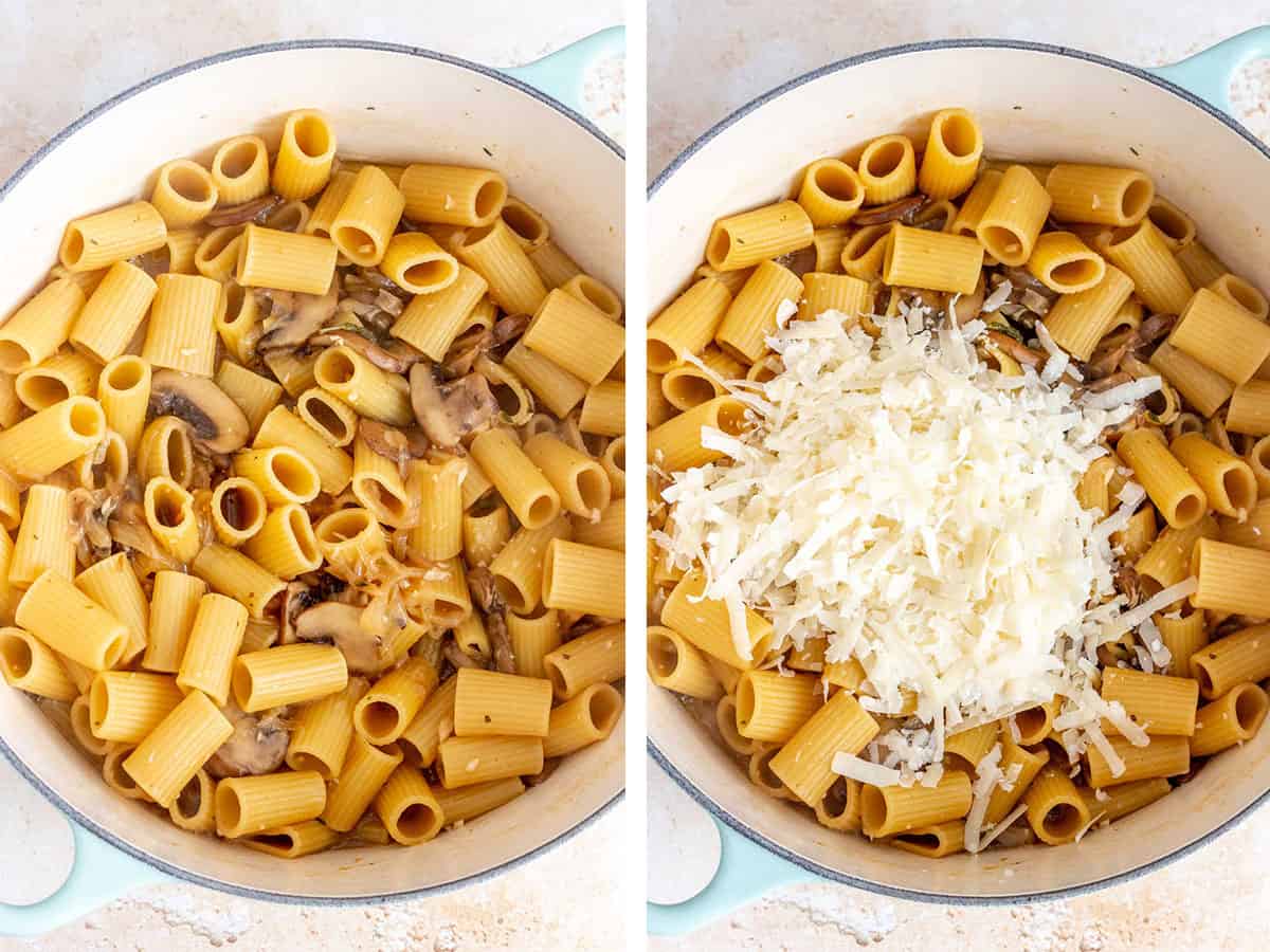 Set of two photos showing pasta after absorbing the liquid and shredded parmesan added.