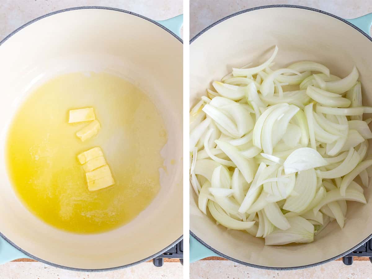 Set of two photos showing butter melted in a pot and sliced onions added.