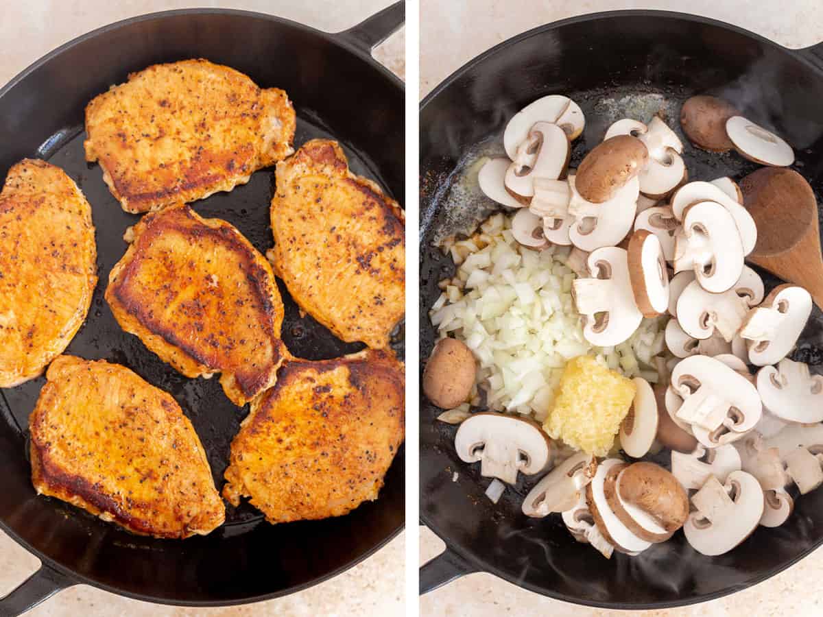 Set of two photos showing pork chops seared and then onions, mushrooms, and garlic added to the skillet.