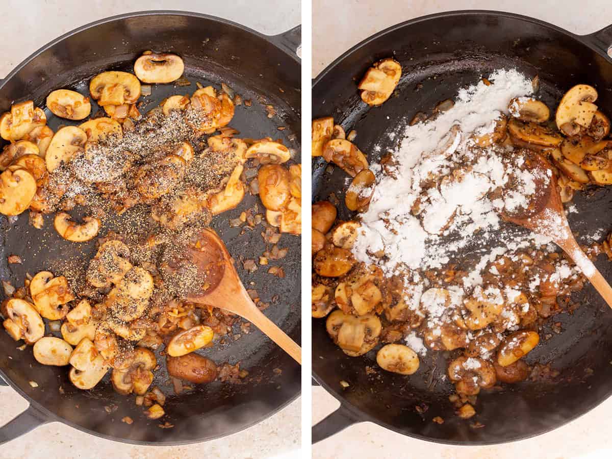 Set of two photos showing pepper and flour added to the skillet over the mushrooms.