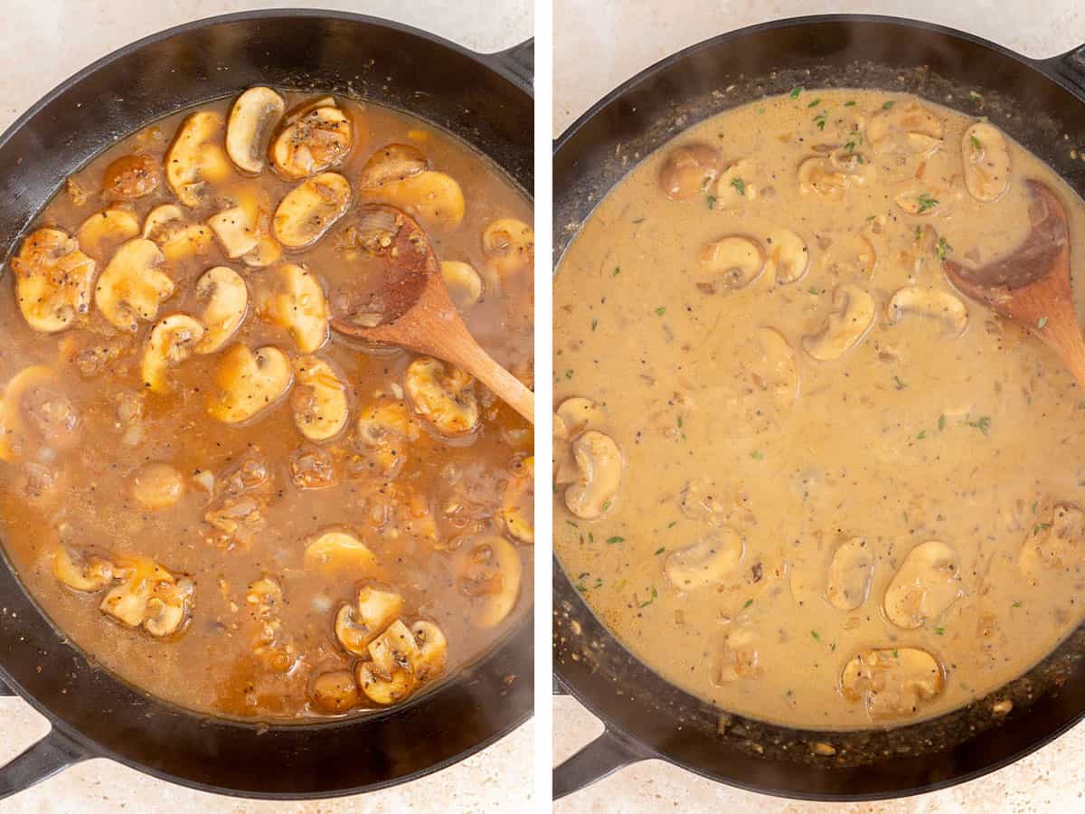 Set of two photos showing broth and cream added to the dutch oven.