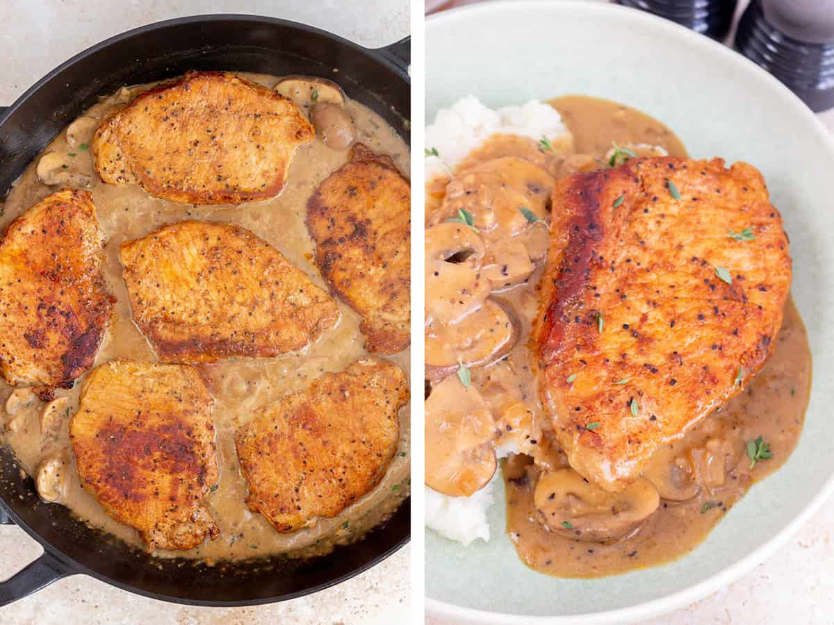 Set of two photos showing pork chops added back to the skillet and plated.