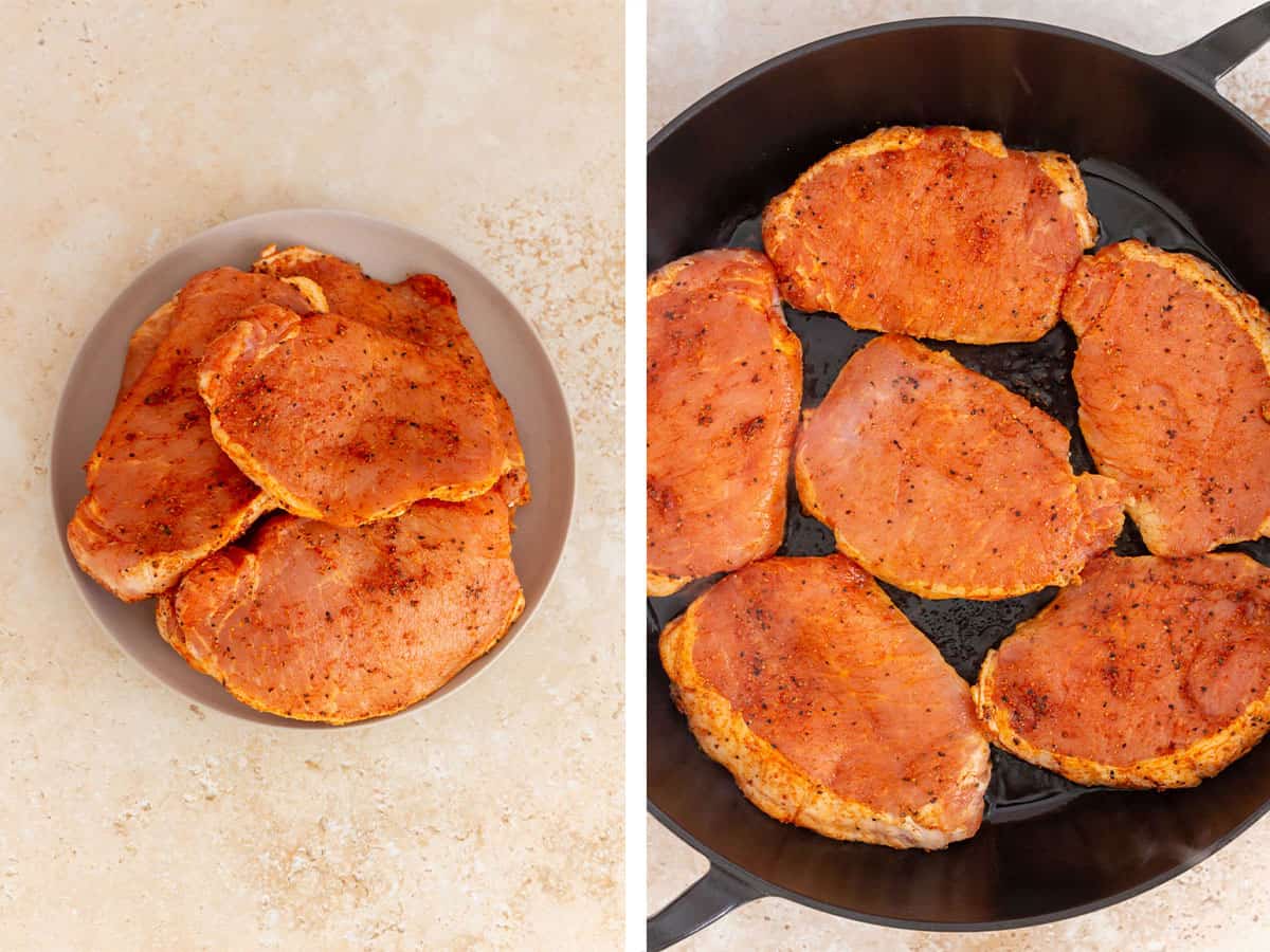 Set of two photos showing pork chops seasoned and added to the shallow dutch oven.