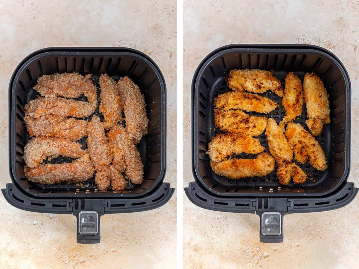 Set of two photos showing before and after the chicken tenders are air fried.