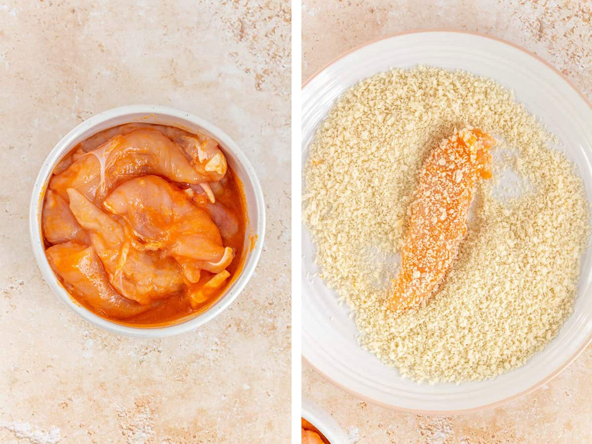 Set of two photos showing chicken tenders soaked in buffalo sauce and pressed into panko crumbs.