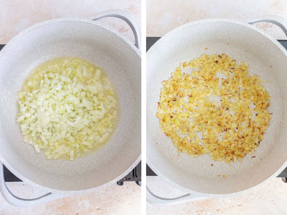 Set of two photos showing onions added to the pot and cooked until golden.
