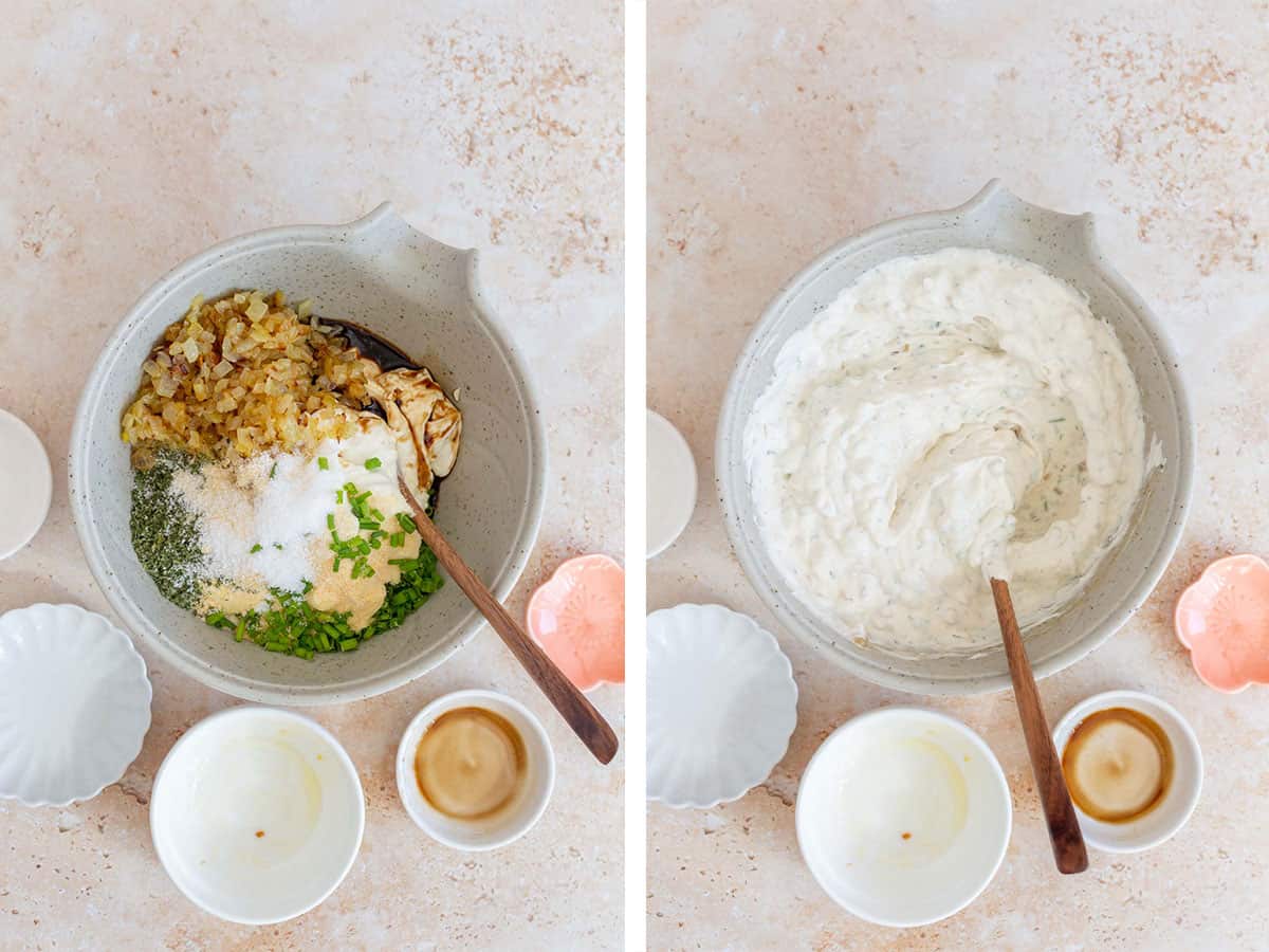 Set of two photos showing all the ingredients added to a mixing bowl and mixed together.