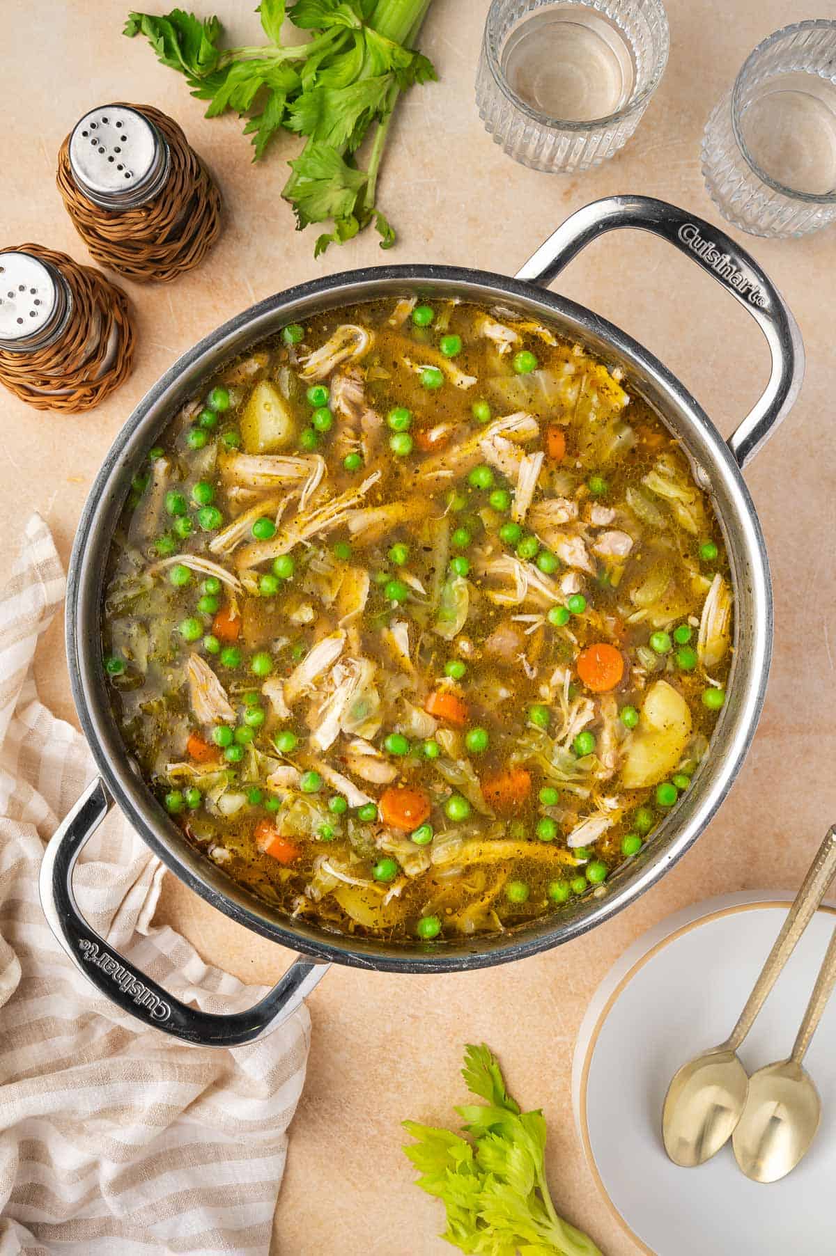 Overhead view of a pot of chicken and cabbage soup.