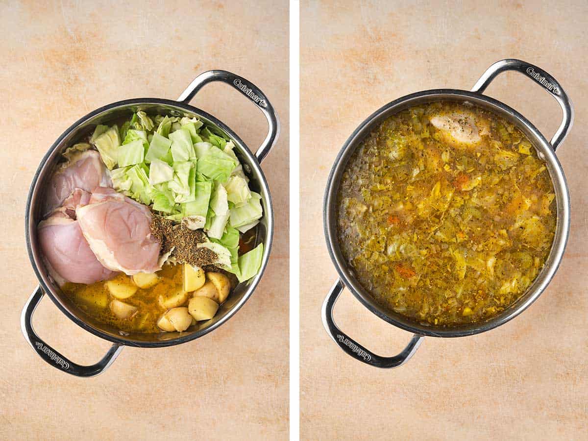 Set of two photos showing potatoes, chicken thighs, cabbage, seasoning, and broth added to the pot and then simmered.