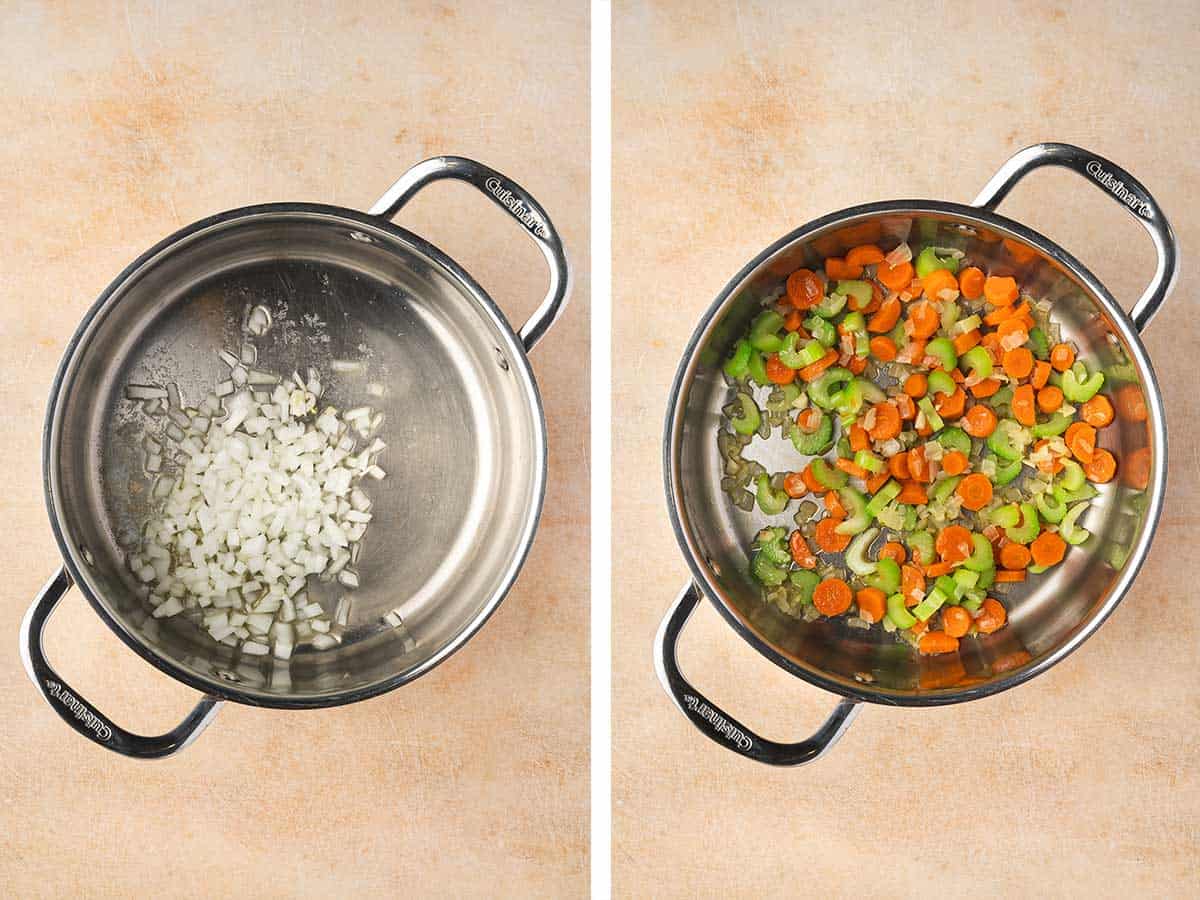 Set of two photos showing onions added to a pot then carrots and celery added.