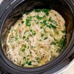 Shredded cilantro lime chicken topped with chopped cilantro in a slow cooker.