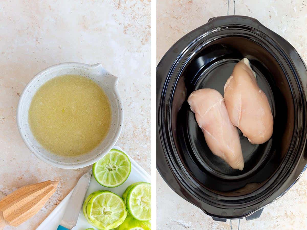 Set of two photos showing chicken broth and lime combined and chicken breasts added to a slow cooker.