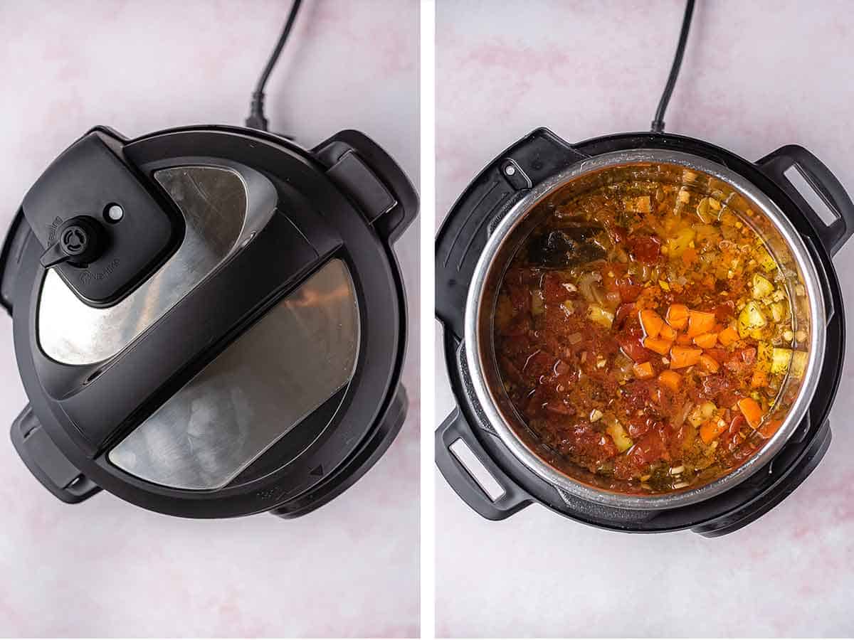 Set of two photos showing Instant Pot lid placed on the pot and the soup pressure cooked.