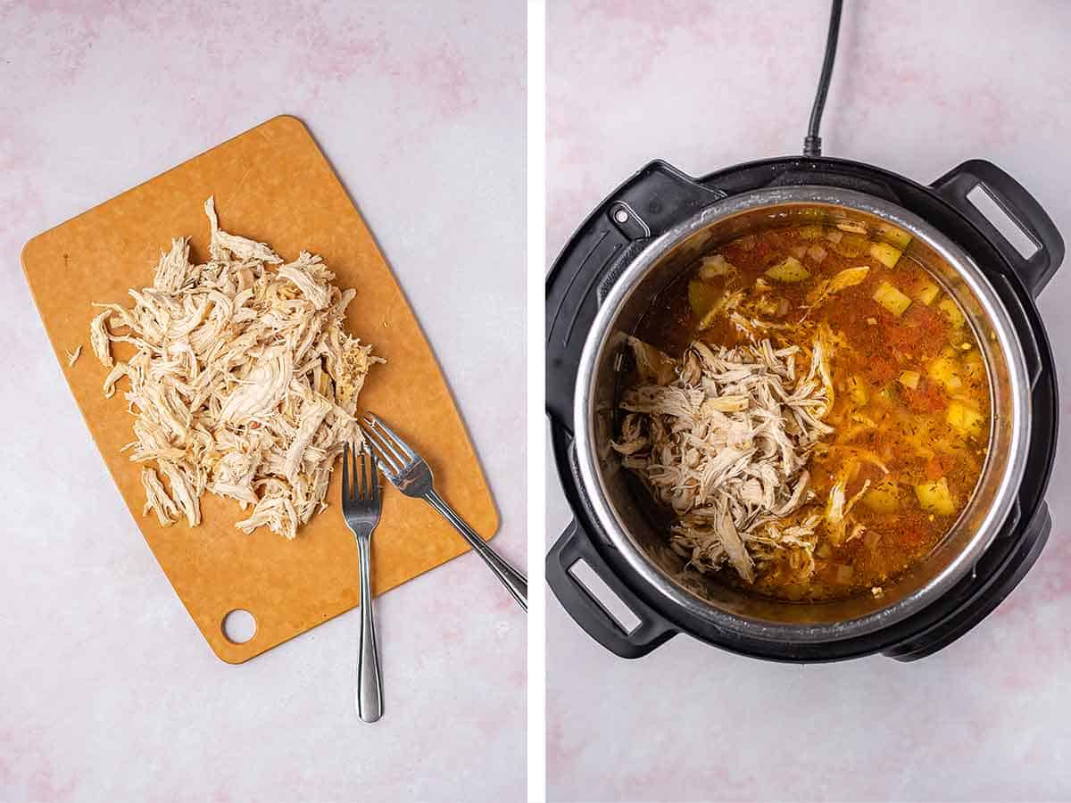 Set of two photos showing chicken shredded on a cutting board and then added back into the soup.