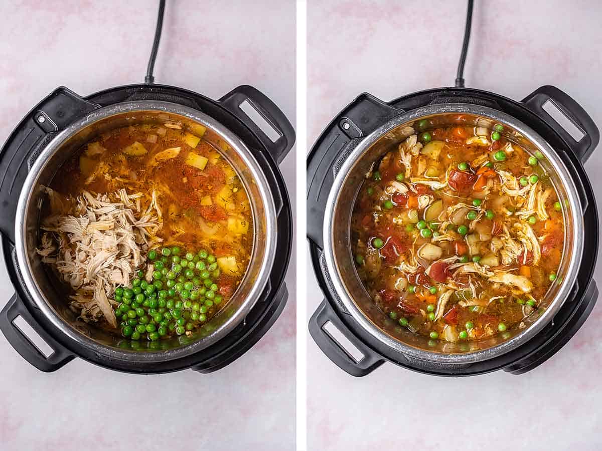 Set of two photos showing frozen peas added to the pot and stirred.