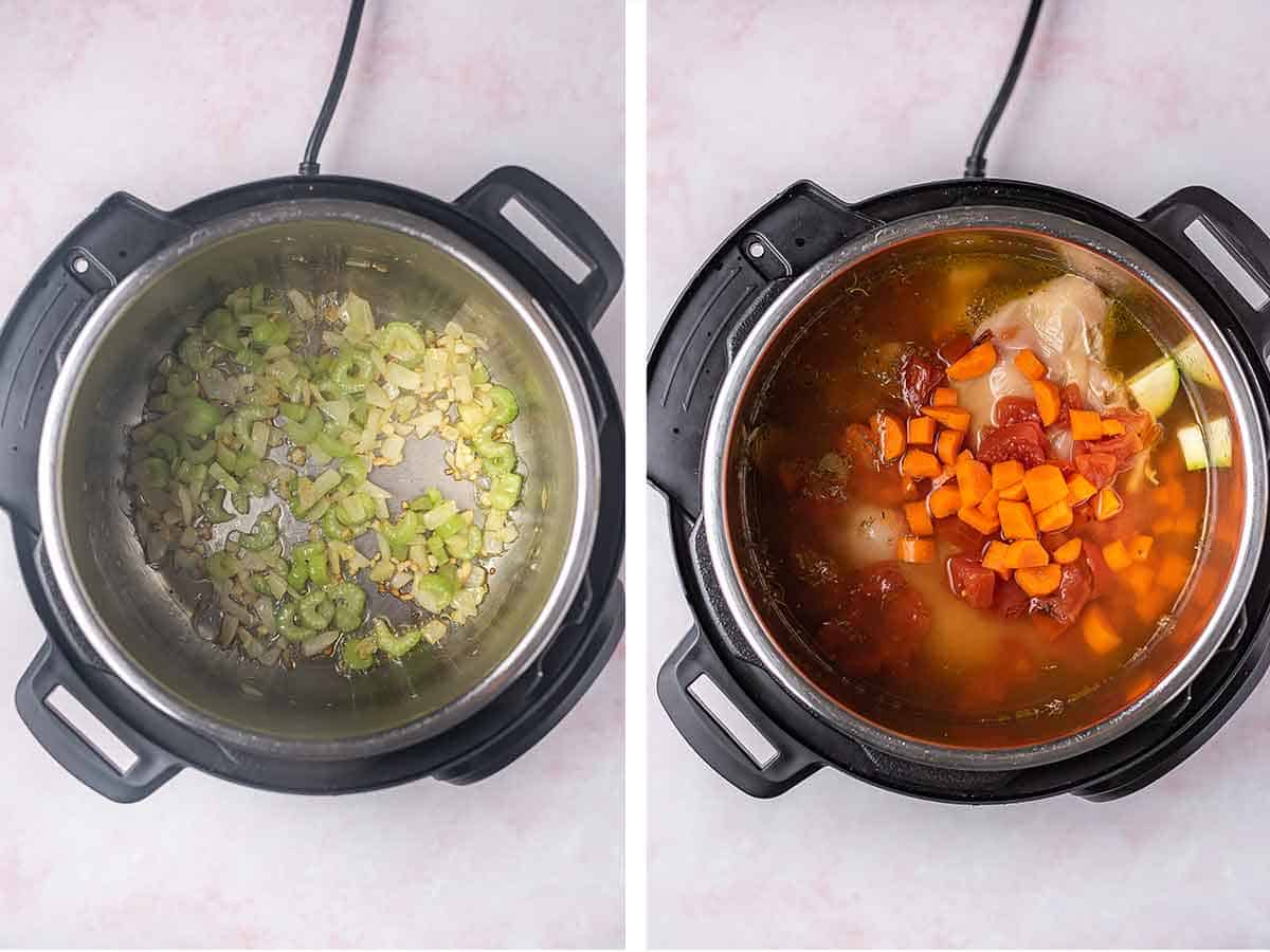 Set of two photos showing onions and celery sauted in the pressure cooker then the rest of the ingredients added.