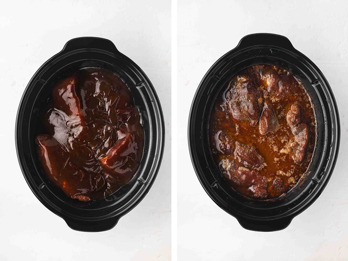 Set of two photos showing bbq sauce added to the top of the ribs and cooked.