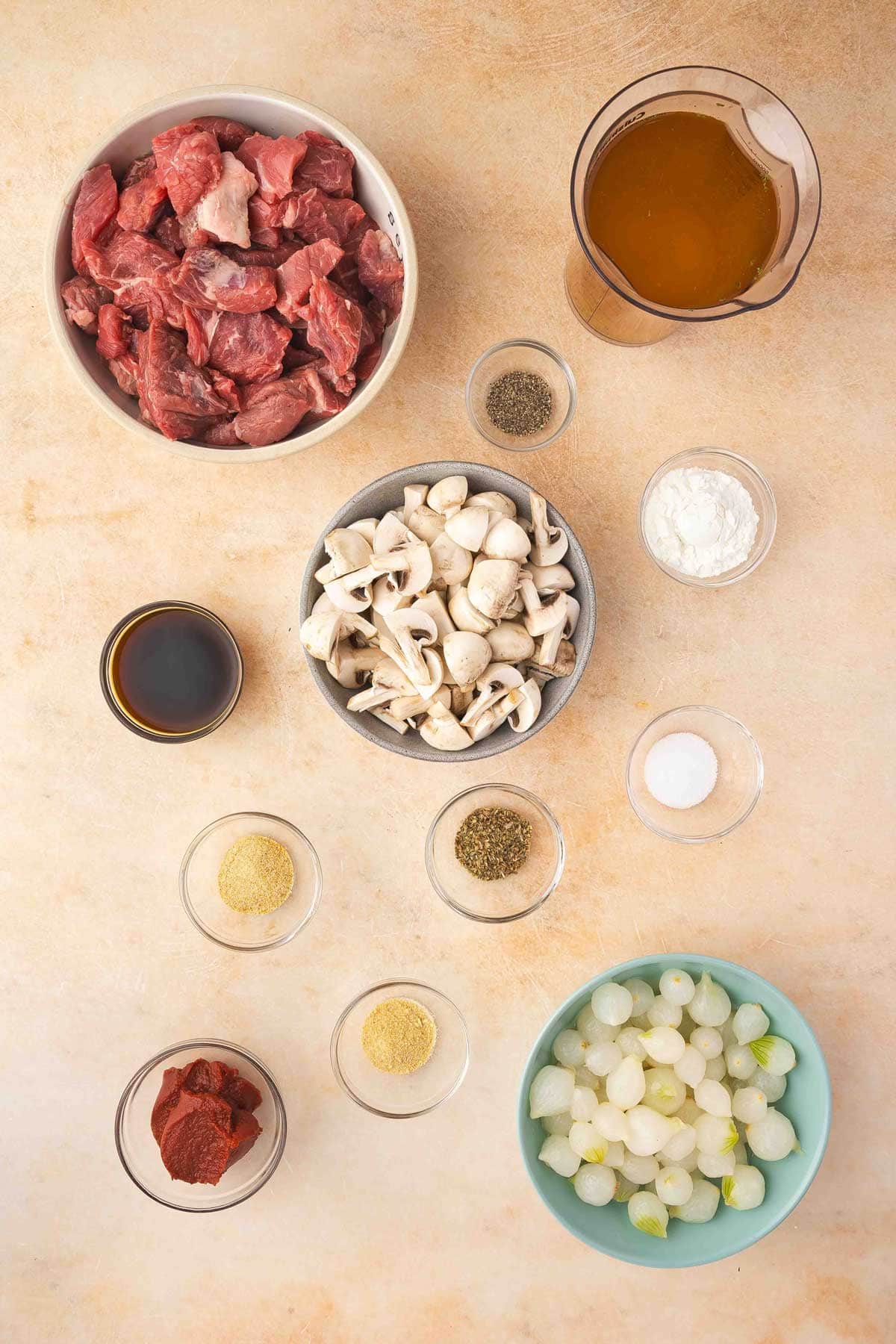 Ingredients needed to make a slow cooker beef tips and gravy recipe.