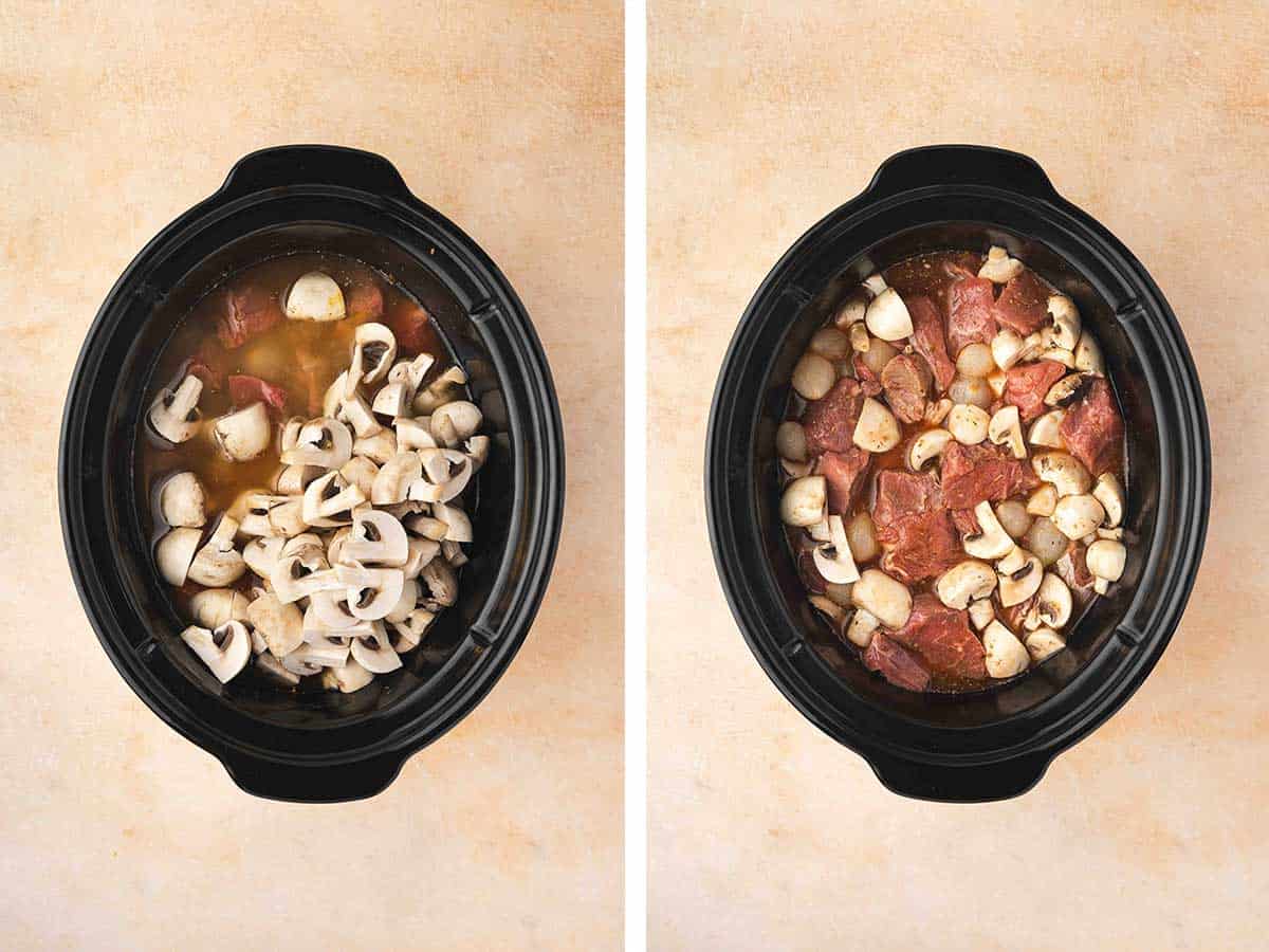 Set of two photos showing liquid and mushrooms added to the crockpot and stirred to combine.