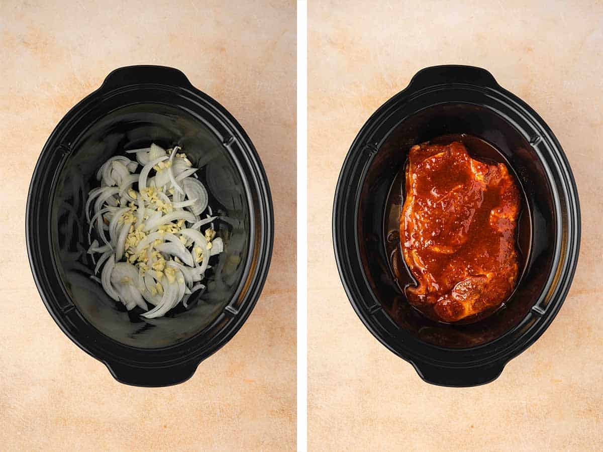 Set of two photos showing onions, garlic, pork, and sauce added to the slow cooker.