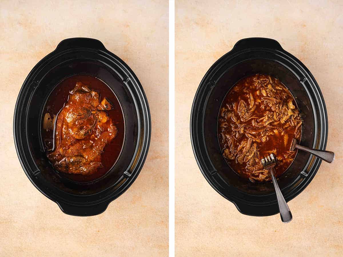 Set of two photos showing the pork after slow cooking and then shredded.