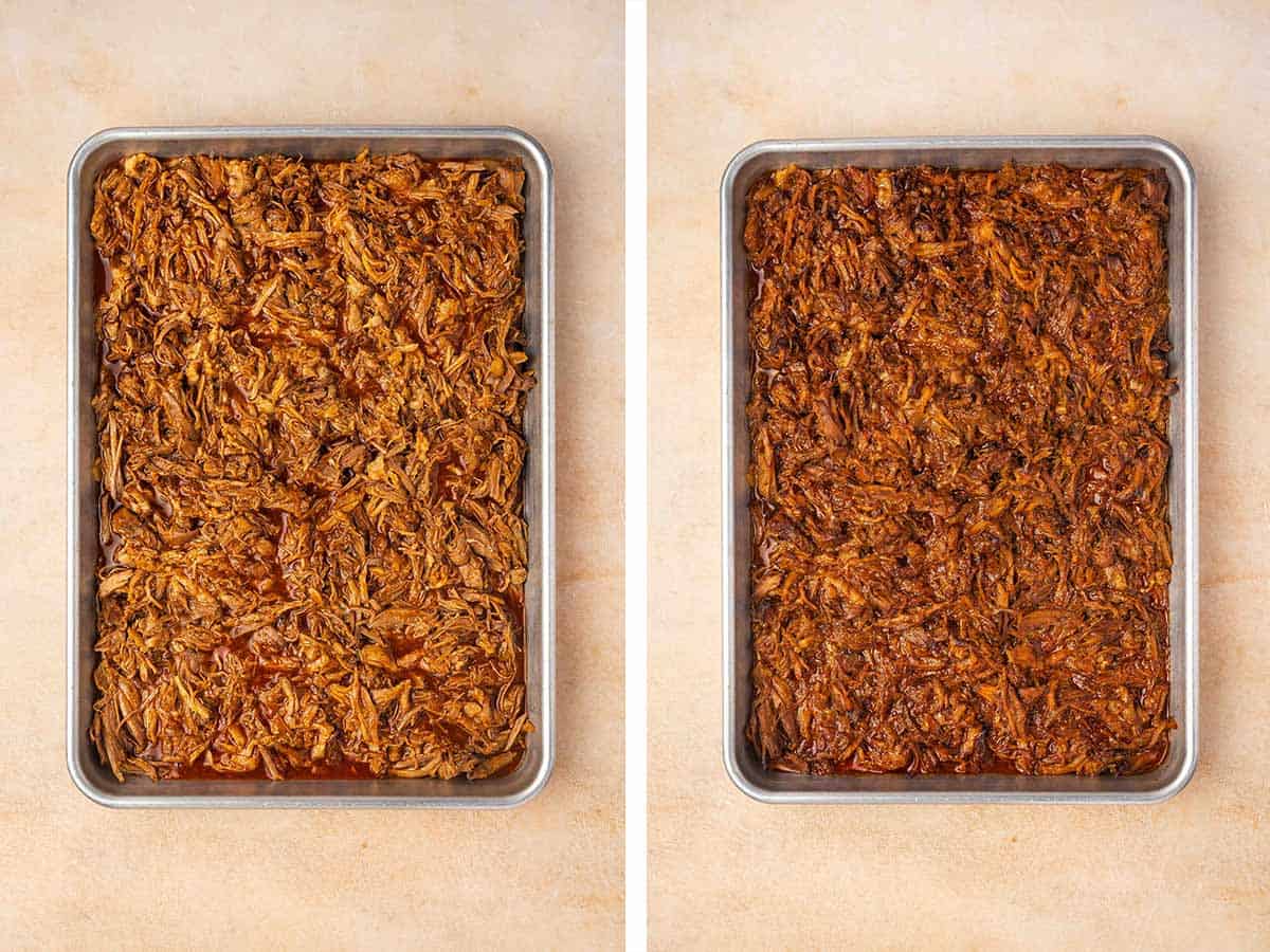 Set of two photos showing before and after broiling the shredded gochujang pork.