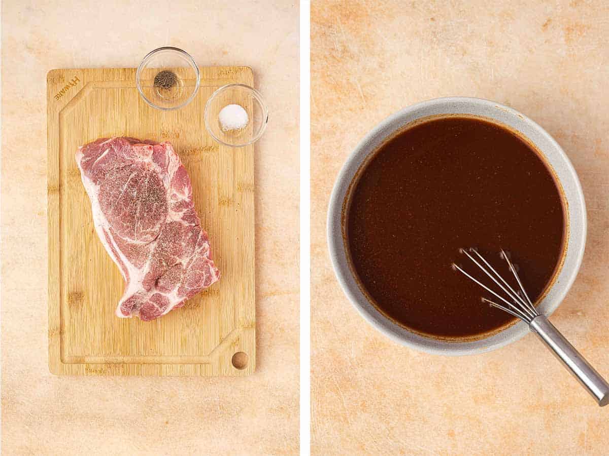 Set of two photos showing pork seasoned and gochujang mixture mixed to combine.