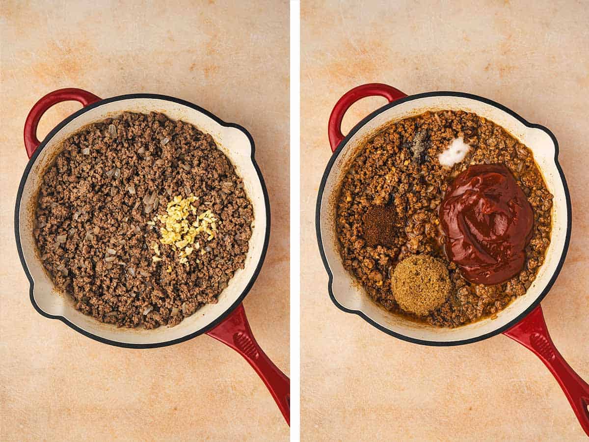 Set of two photos showing seasoning added to the cooked ground beef in a skillet.