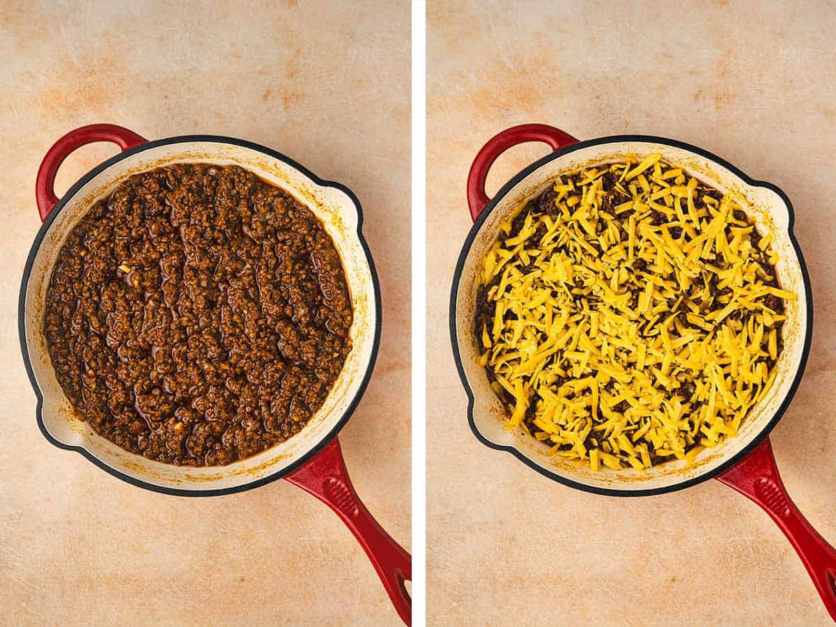 Set of two photos showing cooked sloppy joes in a skillet and shredded cheese added on top.