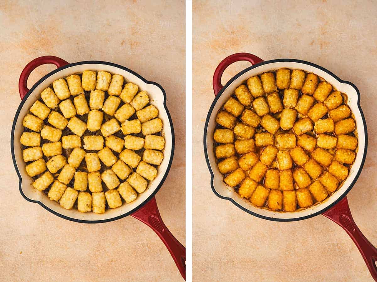 Set of two photos showing tater tots added to the skillet and baked.