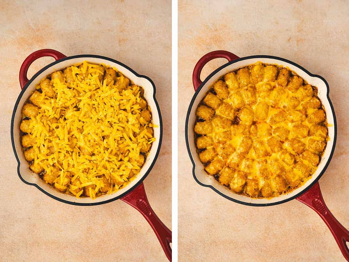 Set of two photos showing cheese added to the baked layer of tater tots and baked again.
