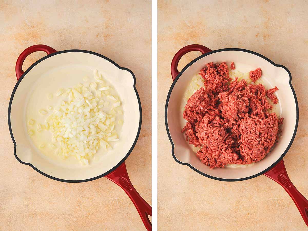 Set of two photos showing onions and garlic cooked in a skillet then ground beef added.